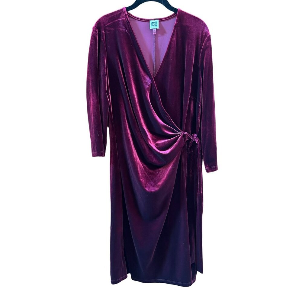 Anne Klein Women Burgundy V-Neck Faux Wrap Velvet Dress Size 16 Holiday Cocktail